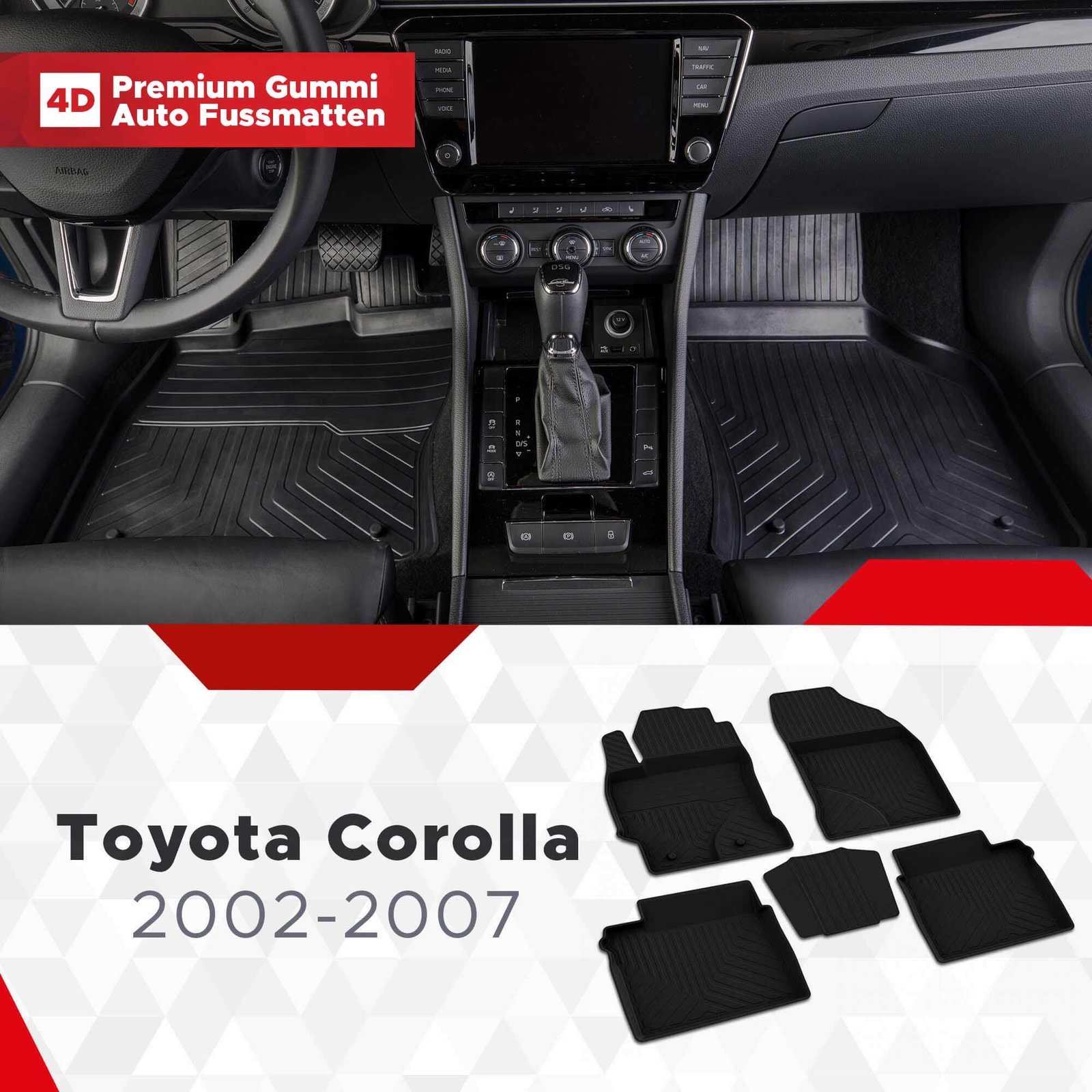 3D Premium Gummi Auto Fussmatten Set Passend für Toyota Corolla Baujahr 2002-2007