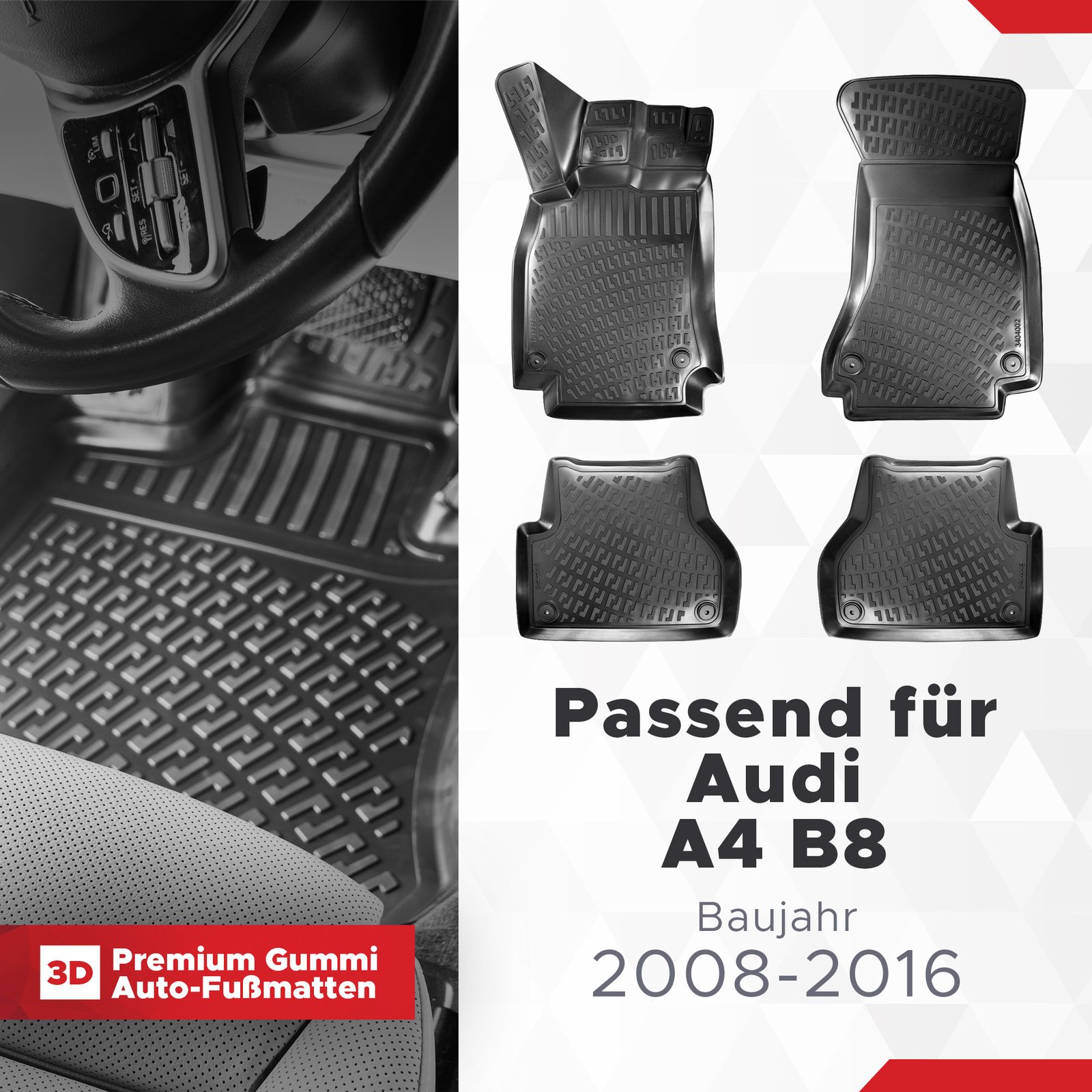 3D Auto Fußmatten Set für Audi A4 B8 Baujahr 2008-2016