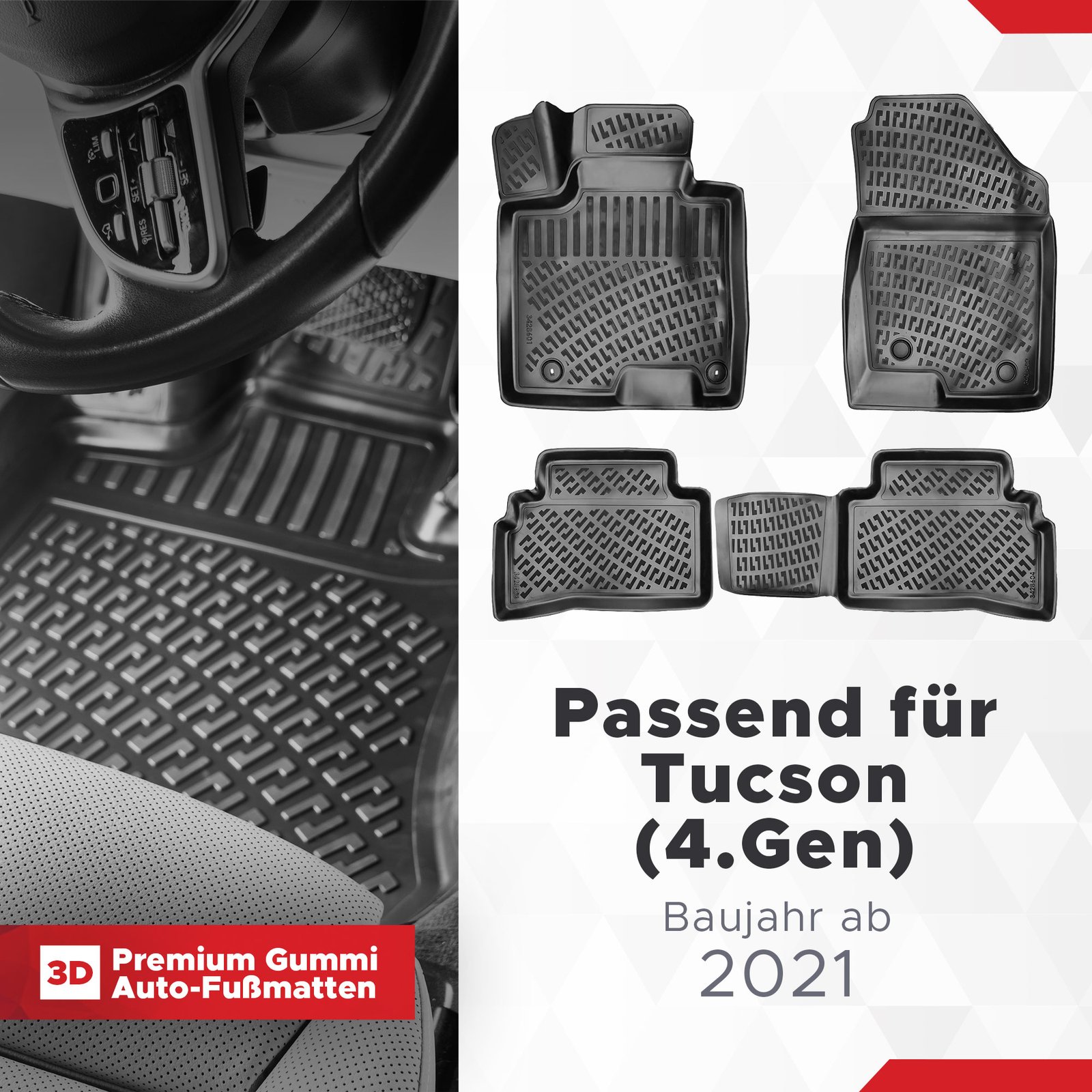 3D Fussmatten passend für Hyundai Tucson (4.Gen) ab 2021 (Passt Nicht in Plug-In-HYBRID)