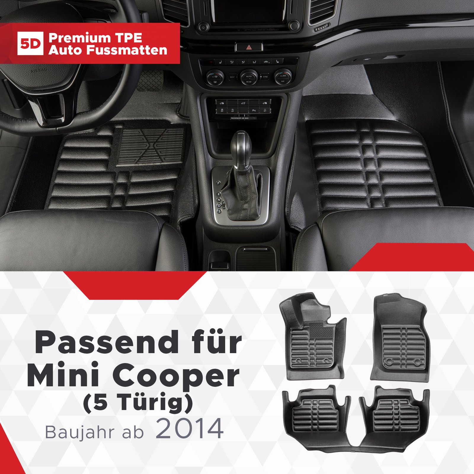 5D Premium Auto Fussmatten TPE Set passend für Mini Cooper F55 (3.Gen) (5 Türig) Baujahr ab 2014