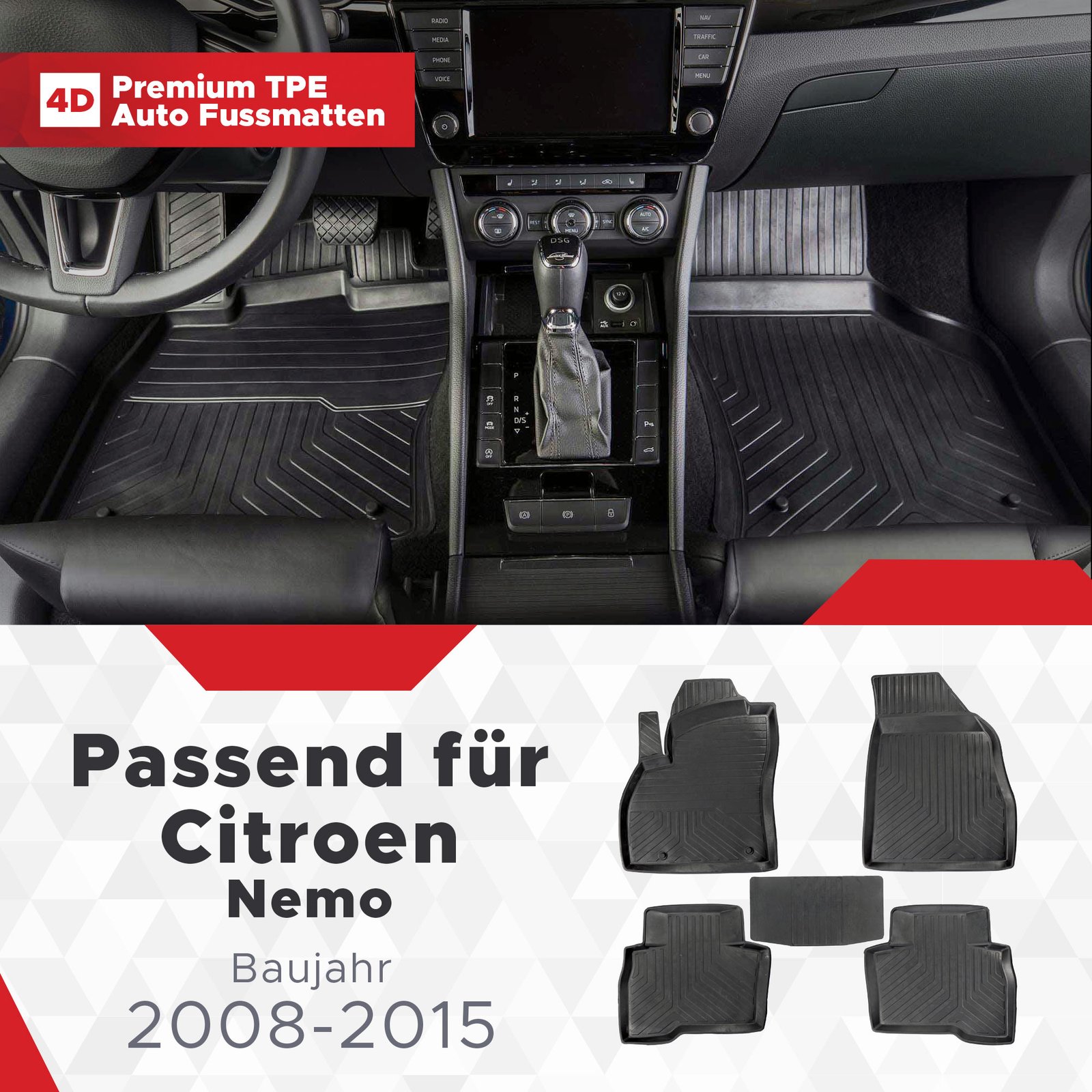 3D Premium Gummi Auto Fussmatten Set Passend für Citroen Nemo Baujahr 2008-2015