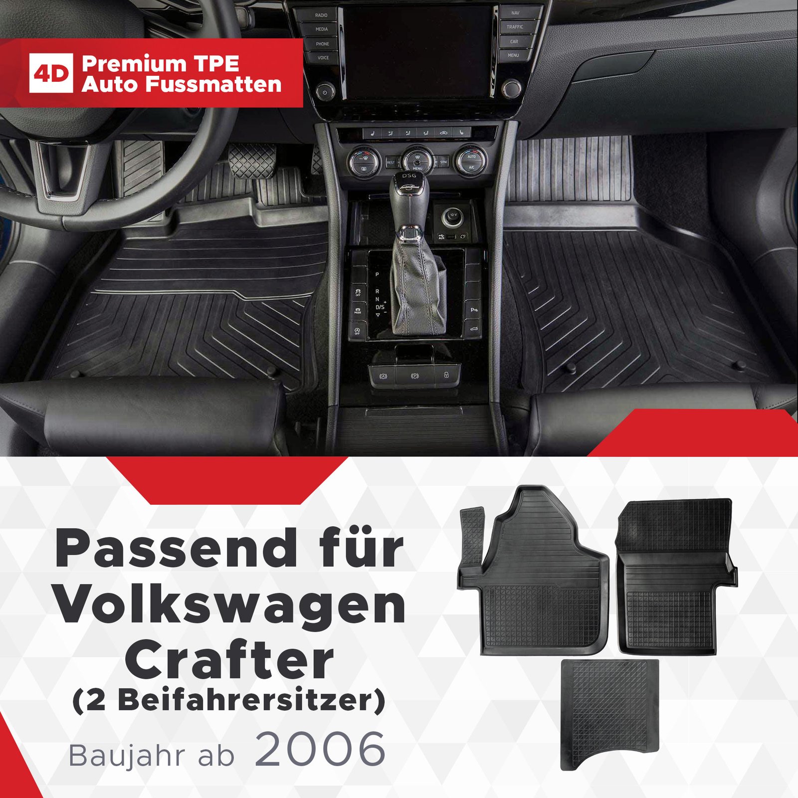 3D Premium Gummi Auto Fussmatten Set Passend für Volkswagen Crafter (2 Beifahrersitzer) Baujahr ab 2006
