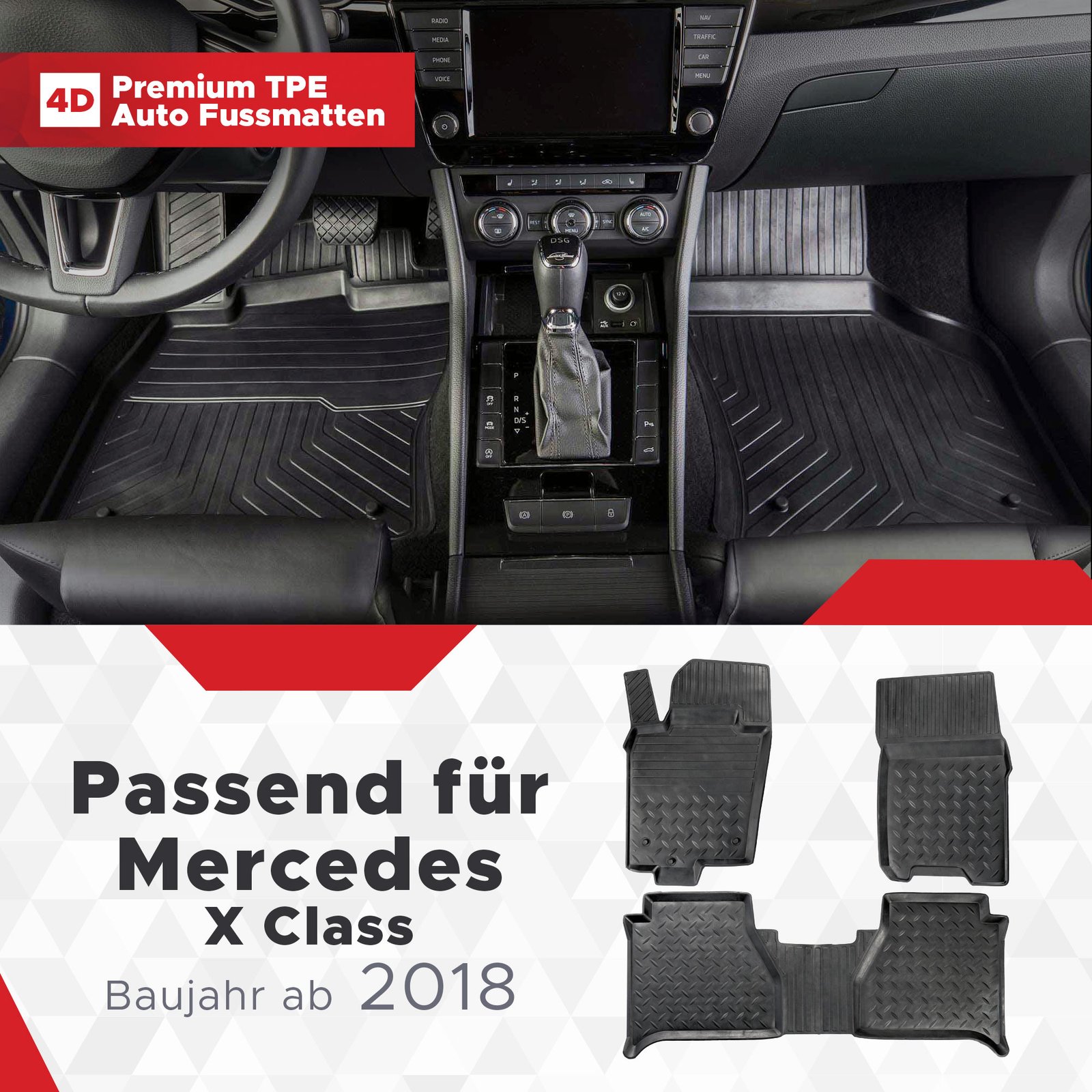 3D Premium Gummi Auto Fussmatten Set Passend für Mercedes X Class Baujahr ab 2018