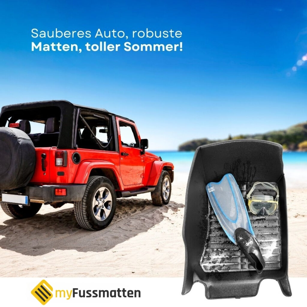 Sauberes Auto mit robusten 5D Premium Fussmatten fuer den Sommer