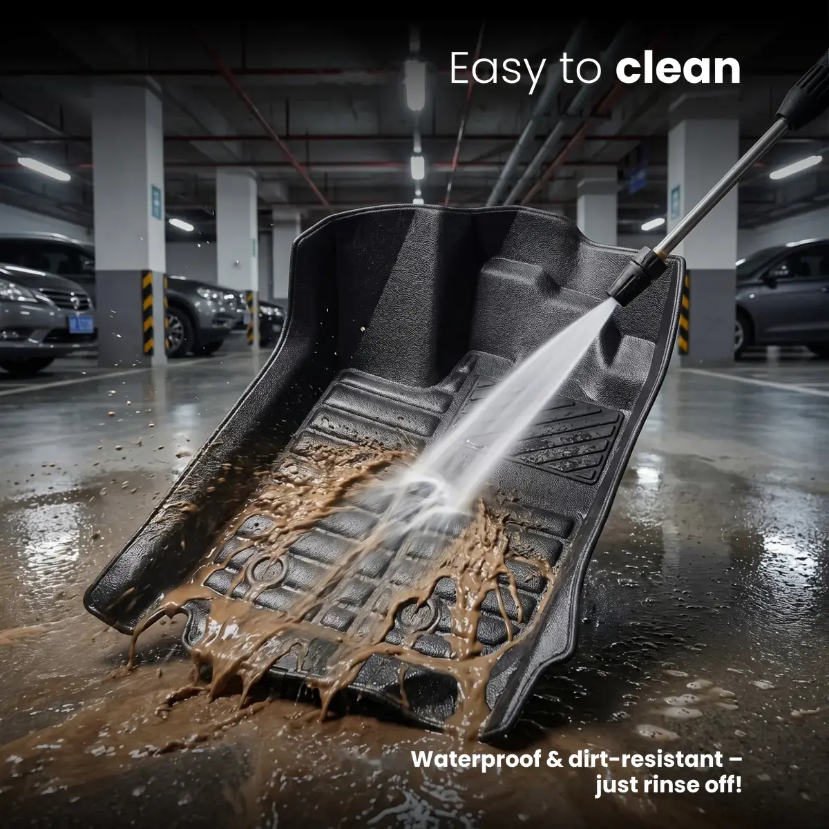 Easy-to-clean 5D car floor mat being rinsed to remove dirt