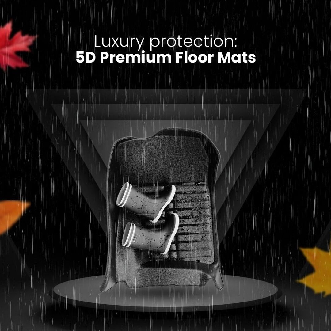 5D premium car floor mat with wet rubber boots in the rain on a dark background