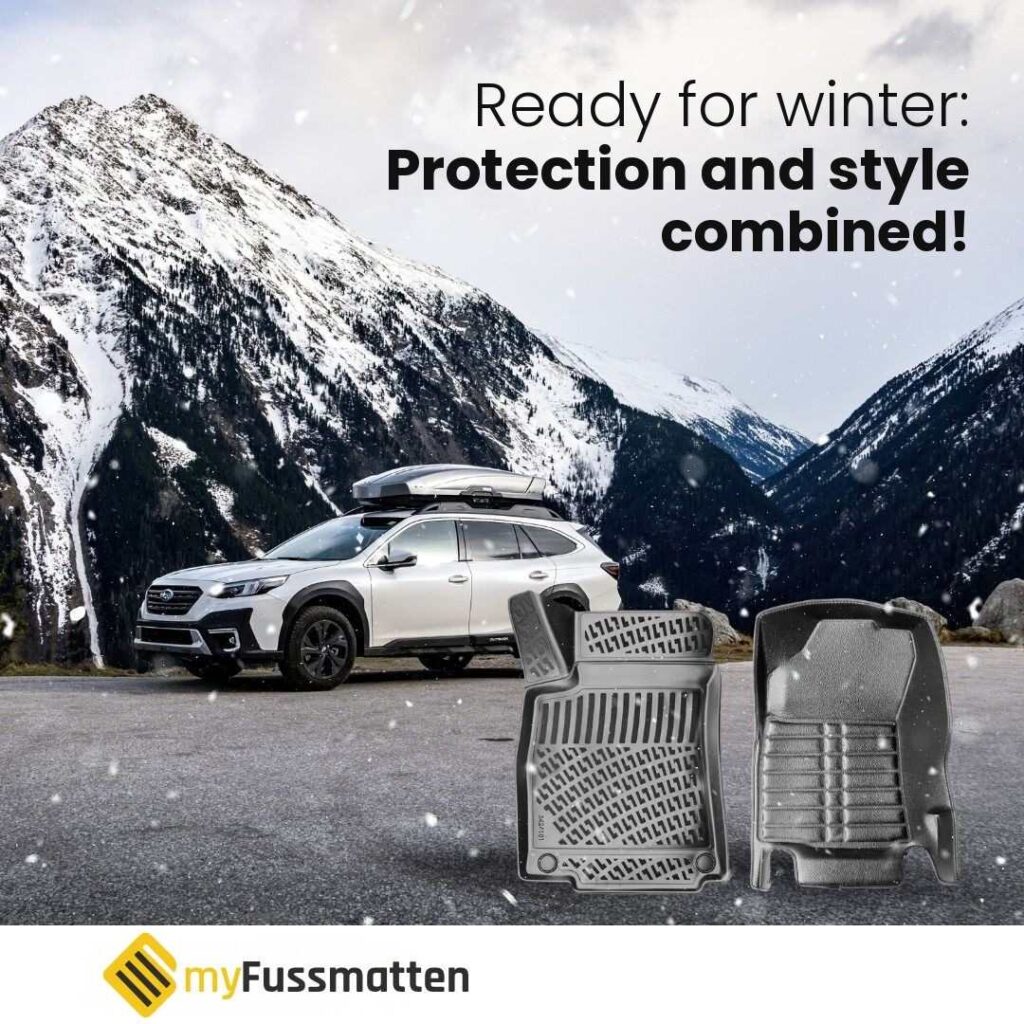 White SUV with roof box in snowy mountains next to two black 3D and 5D car floor mats